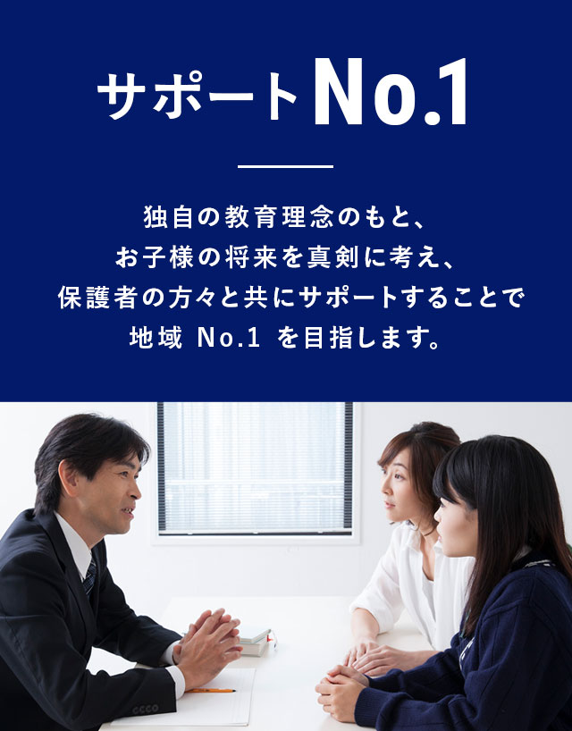 啓真館はこれからも3つの『地域No.1』を目指します　サポートNo.1　独自の教育理念のもと、お子様の将来を真剣に考え、保護者の方々と共にサポートすることで地域 No.1 を目指します。