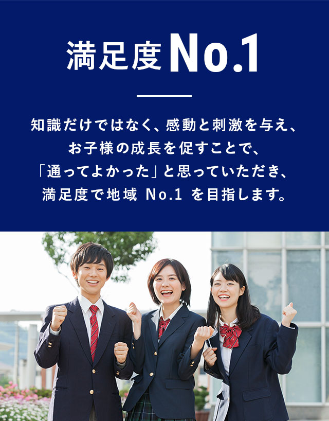 啓真館はこれからも3つの『地域No.1』を目指します　満足度No.1　知識だけではなく、感動と刺激を与え、お子様の成長を促すことで、「通ってよかった」と思っていただき、満足度で地域 No.1 を目指します。